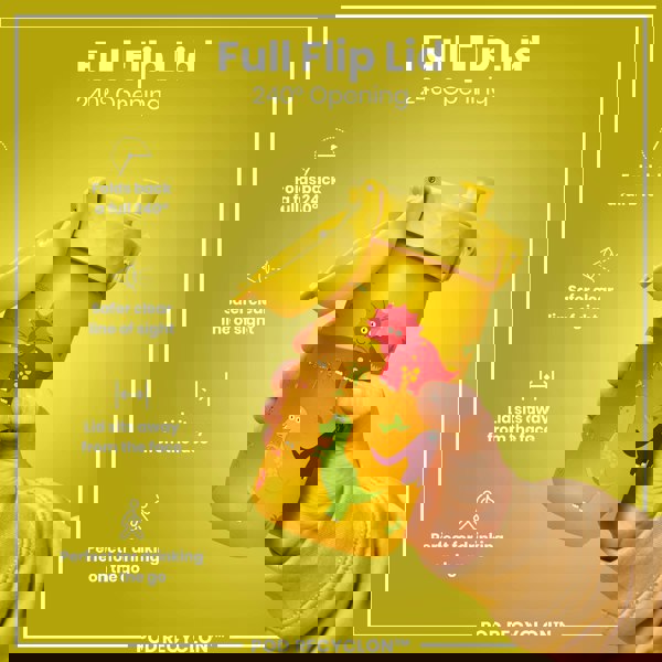 A yellow children's water bottle with a dinosaur design is held; its full flip lid opens 240 degrees. The bottle is shown against a yellow background. Full Flip Lid; 240° Opening; POD RECYCLON™.