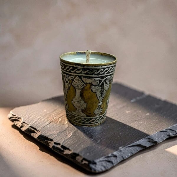 Ralph’s Orchard Repurposed Vintage Indian Brass Tumbler Candle - Soft Sandalwood - Urns and Leaves