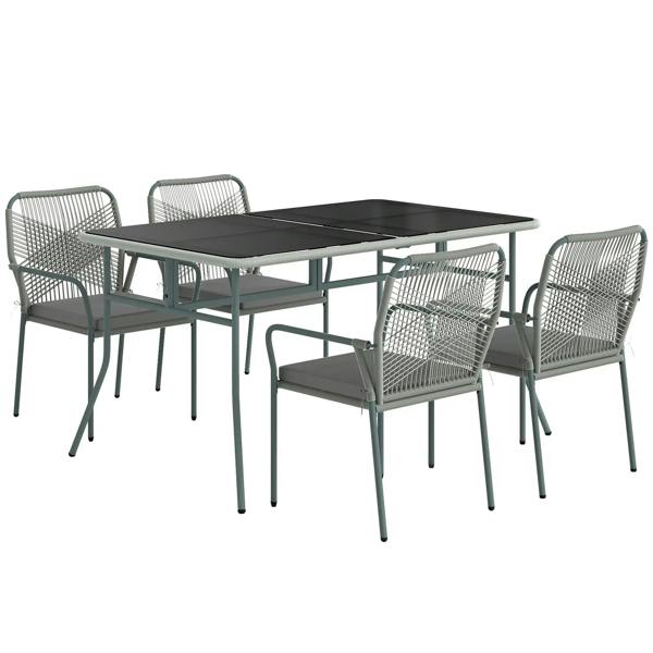 Light grey outdoor dining set with rectangular table and four mesh stackable chairs