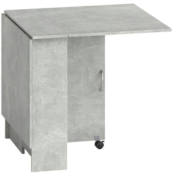Grey folding drop-leaf dining table with two-tier shelf and lockable casters