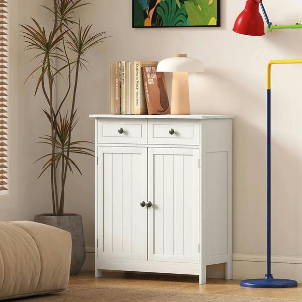 White freestanding bathroom storage cabinet with two drawers and two paneled doors