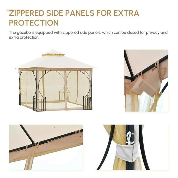Beige gazebo with zippered side panels and sheer curtains on black metal frame
