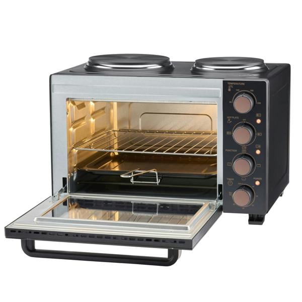 Cooks Professional 28L Mini Oven with 2 Hobs | Black / Copper
