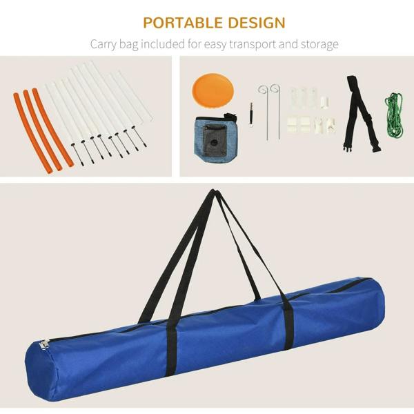 Portable dog agility equipment set with blue carry bag, poles, hoop parts, and accessories