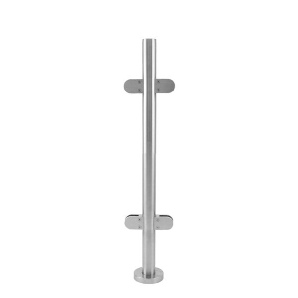 Stainless steel balustrade mid post, 90cm high, featuring a sleek, polished finish and sturdy mounting brackets for secure installation