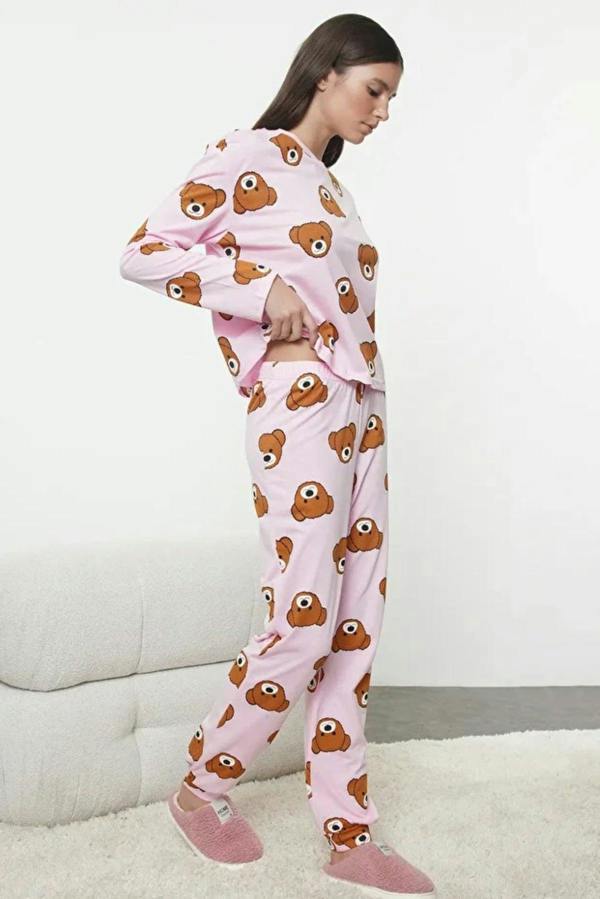Hoxton Gal 100% Cotton Knitted Pajama Set with Teddy Bear Print