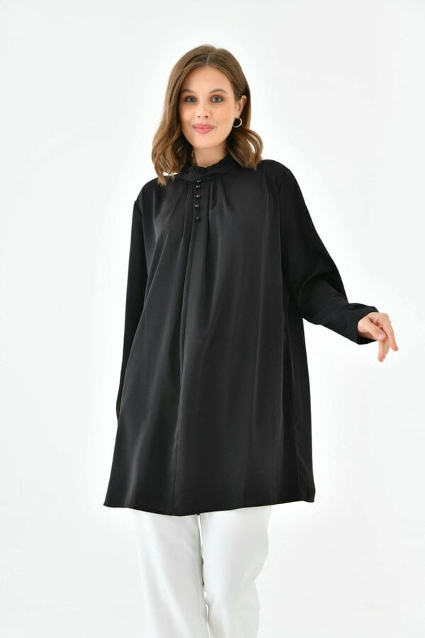 Hoxton Gal Oversized Long Sleeve Button Detailed Tunic Top in Black