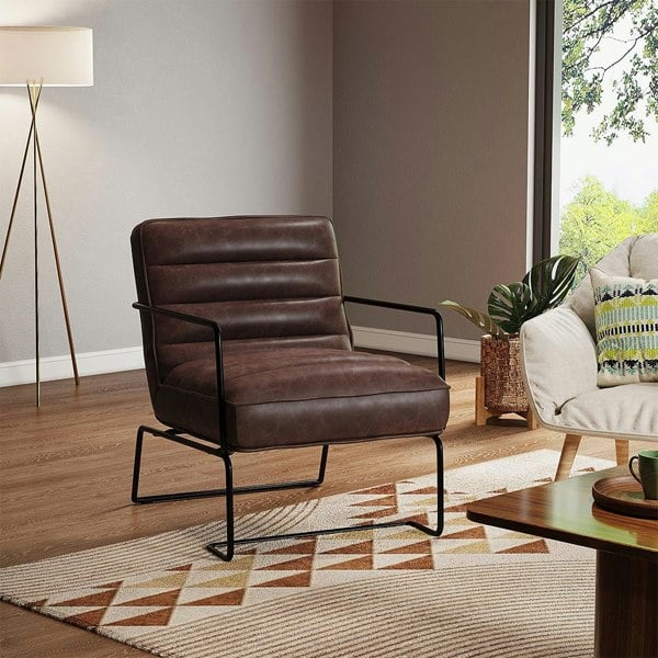 Retro Style PU leather Upholstered Armchair Metal Base Lounge Chair Accent Chairs Living and Home Brown