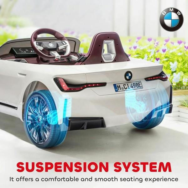 White kids electric ride-on car rear with glowing blue wheel lights and red taillights.