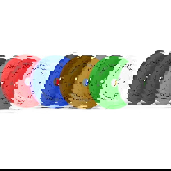 Body Revolution 100kg Bundle Olympic coloured bumper plates in red, blue, green, yellow, and white, featuring durable rubber construction and clear weight markings