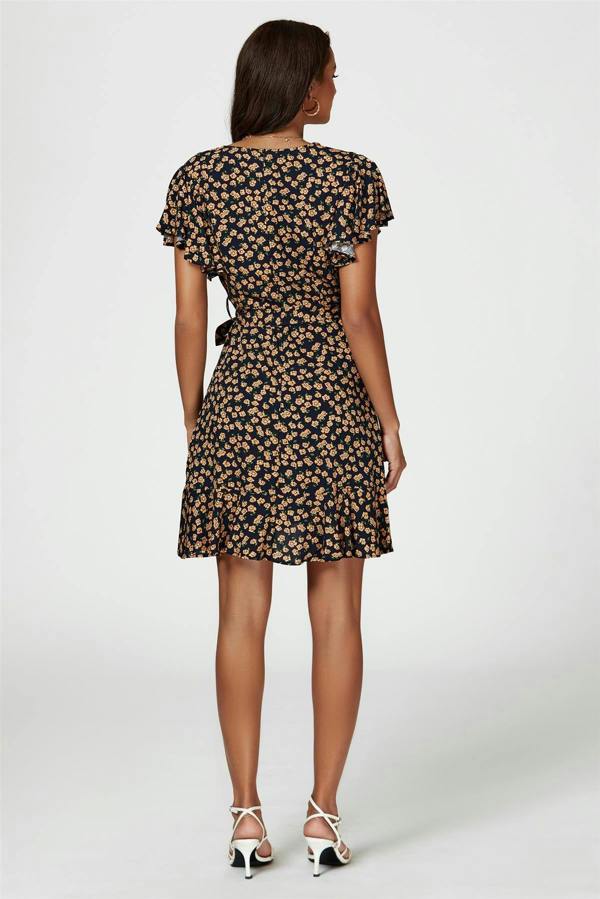 FS Collection Floral Print Wrap Top Dress In Navy