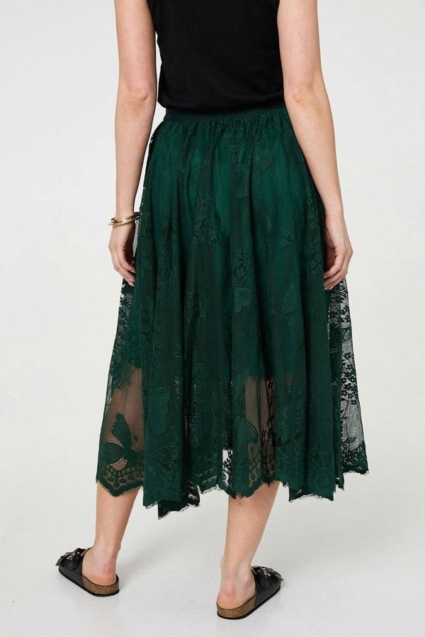 Sage | Floral Semi Sheer Mesh Layer Midi Skirt
