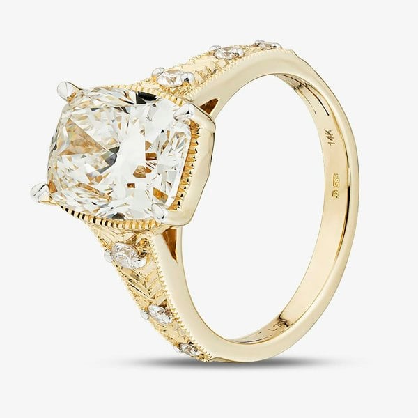 T. H. Baker 14ct Yellow Gold Certified 4.15ct Cushion Cut Lab Grown Diamond Shoulder Set Ring LGR47672-415
