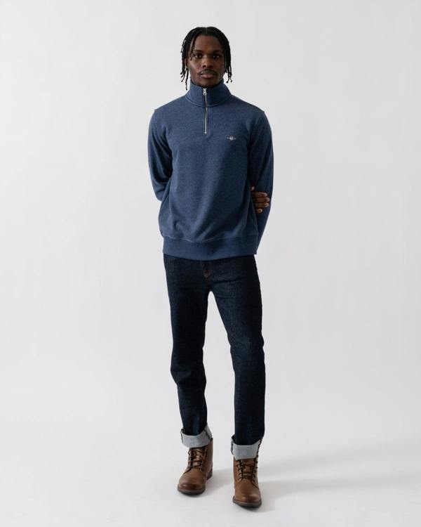 GANT Mens Regular Fit Shield Logo Half Zip Sweatshirt - 902 Dark Jeansblue Melange - CHO - Designer Mens Sweatshirts