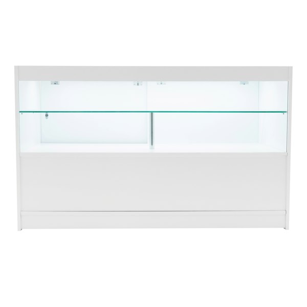 White Selene LED shop counter set with two glass display shelves, featuring a sleek design and modern finish, ideal for retail spaces