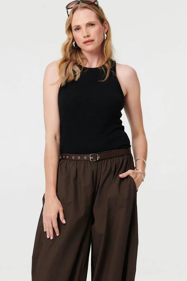 Brown | Belted Relaxed Wide Leg Barrel Trousers
