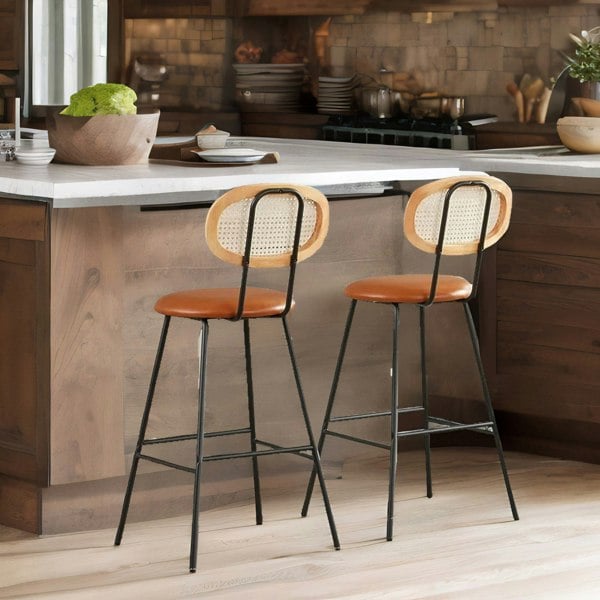 Rafaelo Mobilia Set Of 2 Faux Leather Bar Stools With Rattan Back Brown