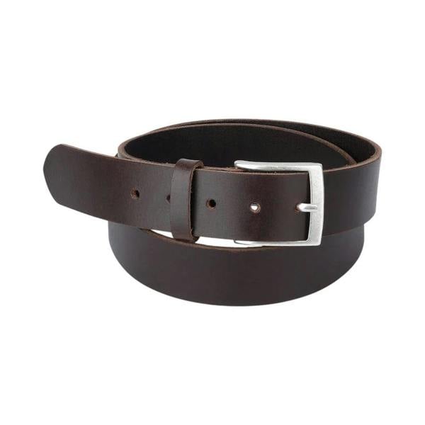 Brown leather belt with a silver buckle on a white background
