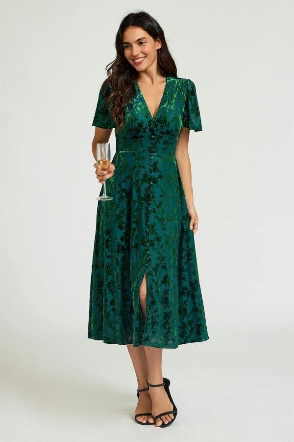 FS Collection Floral Velvet Devore V neckline Dress In Green