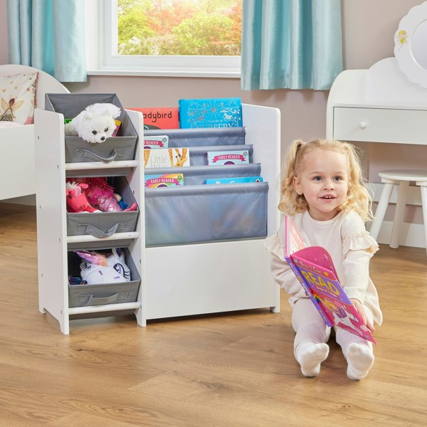 TFLH2001-white-book-display-unit-with-3-fabric-storage-boxes-lifestyle-girl-4