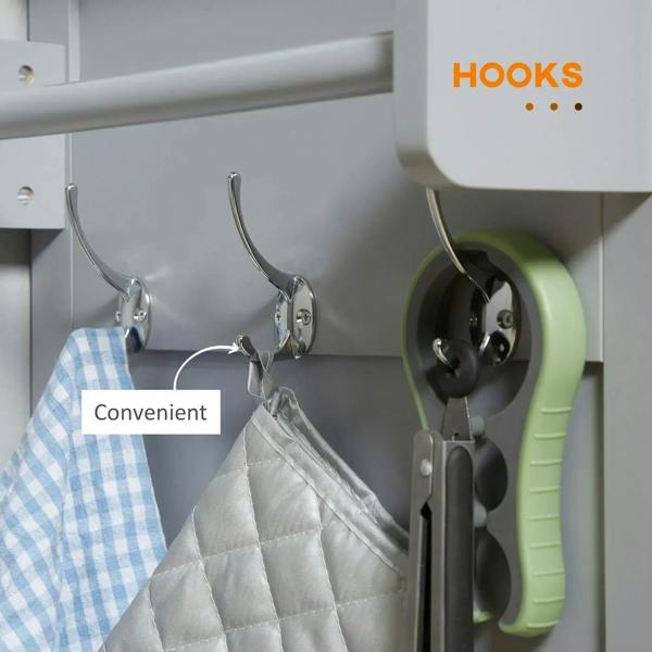 Grey cart side hooks for hanging towels and kitchen tools.