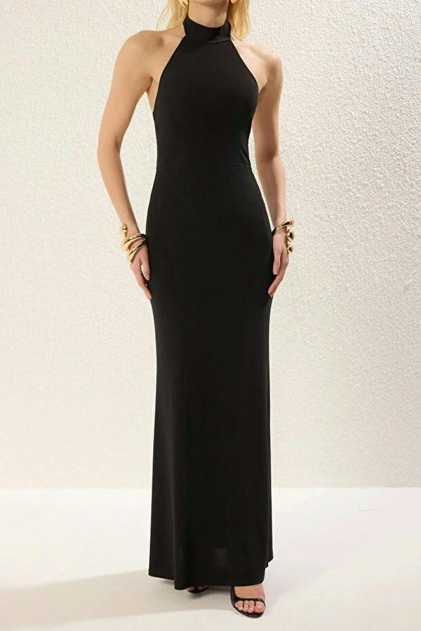 Halter Neck Buckle Detail Maxi Evening Dress