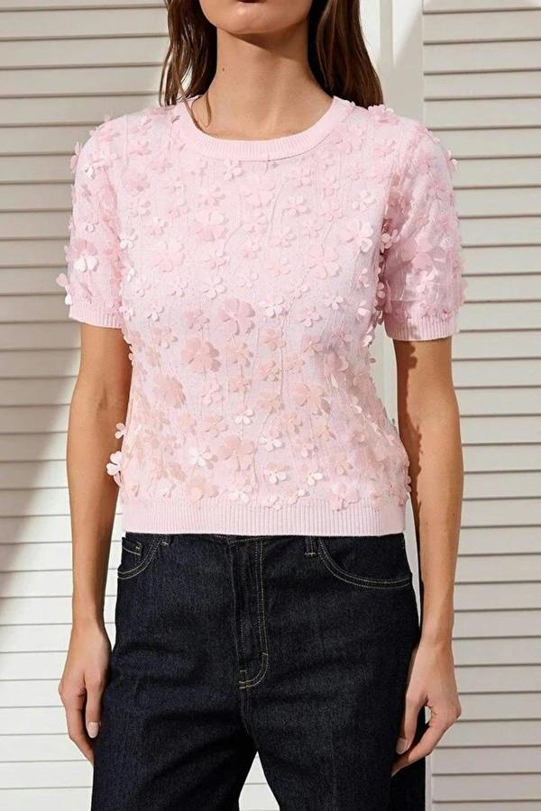 WOVCOR Three-Dimensional Flower Detail and Tulle Knitted Blouse