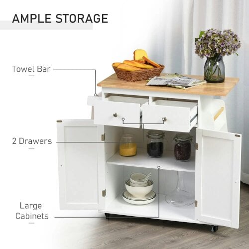 Bobobiy Kitchen Island on Wheels, Rolling Kitchen Cart with Rubber Wood Top, 2-Door Cabinets, 2 Drawers, Adjustable Shelf, 3-Tier Spice Rack