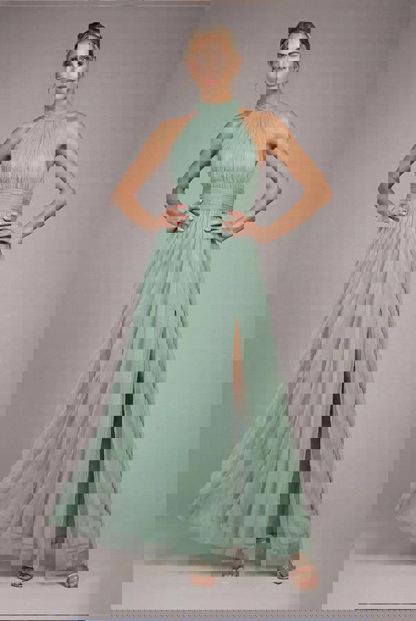 Halter Neck Mesh Tie Maxi Dress - Dusty Sage DR3904