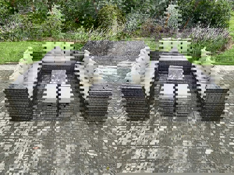Fimous Outdoor Rattan Garden Furniture Set 11 Seater Patio Lounge Sofa Set with Square Coffee Table 2 Small Footstool Dark Grey Mixed