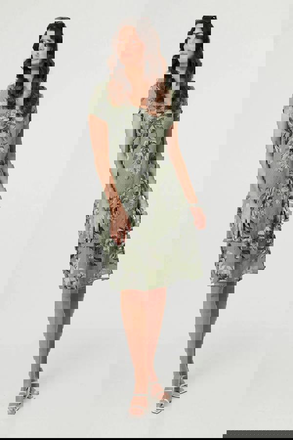 Khaki | Floral Frilled Hem Knee Length Dress : Model is 5'9"/175 cm and wears UK10/EU38/US6/AUS10