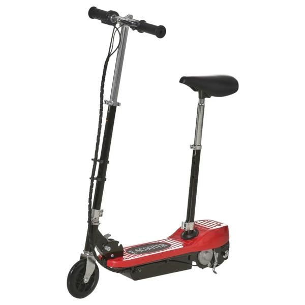 Red ride-on electric scooter with adjustable seat post, handlebar grips, and front wheel.