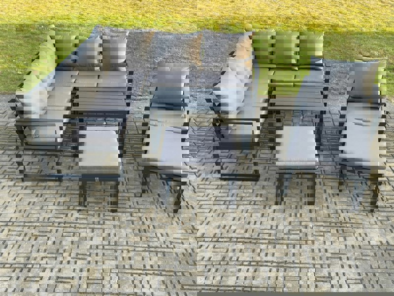Fimous Aluminium Outdoor Garden Furniture Set Lounge Sofa Oblong Coffee Table Sets with Chair 2 Big Footstools Indoor Conservatory Set Dark Grey