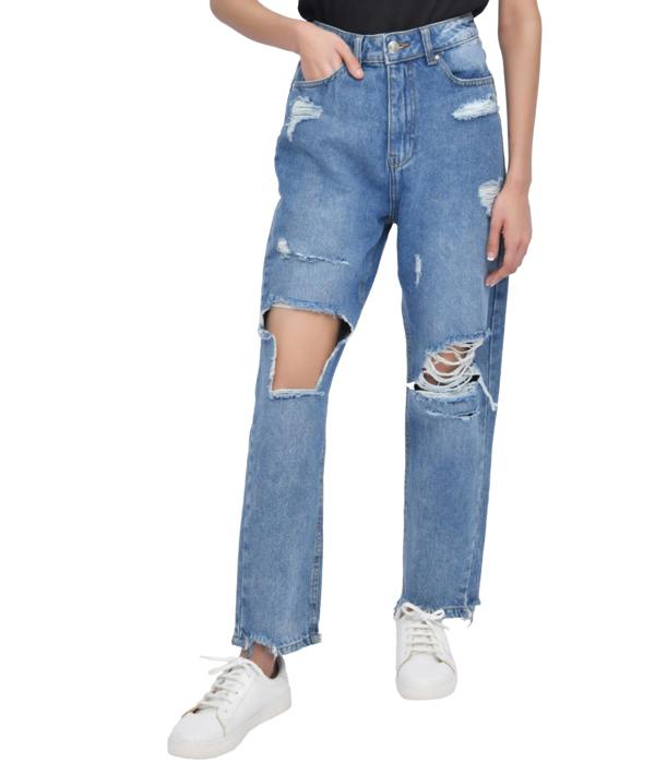Smart Living Women's Casual Style High-Waist Torn Hem Rip Mom Jeans - Mid Wash