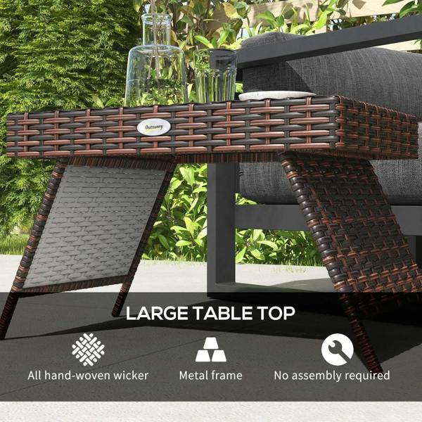 Brown rattan folding side table with metal frame and woven tabletop