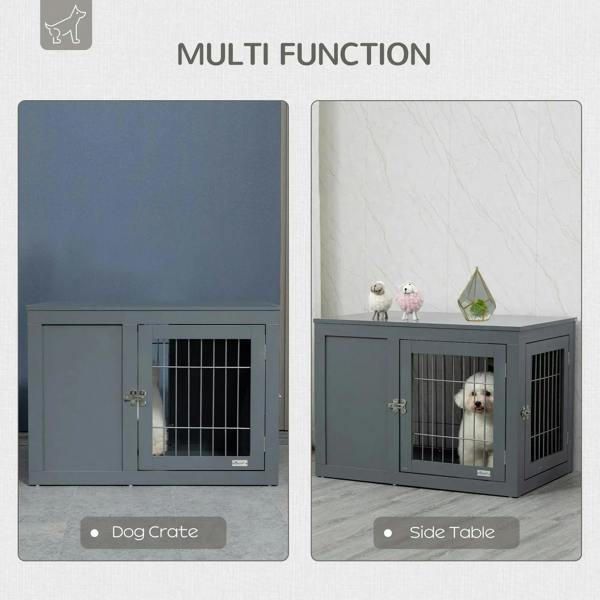 Grey pet crate end table with cabinet doors and front wire-bar window, shown in use
