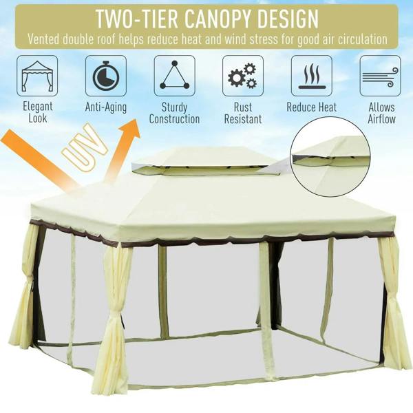 Cream two-tier canopy gazebo with hanging curtains and enclosed mesh side panels