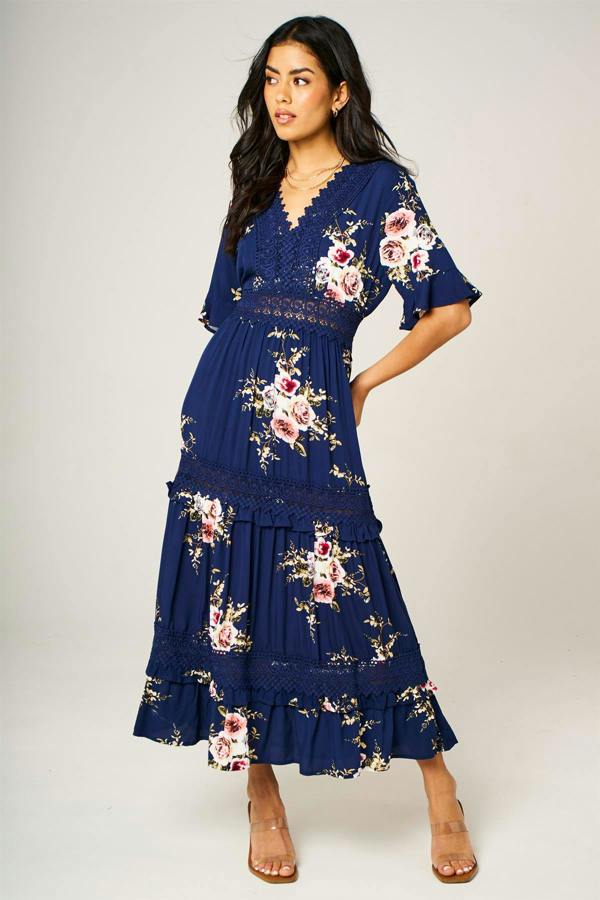 FS Collection Floral Print V Neck Lace Detail Midi Dress In Navy
