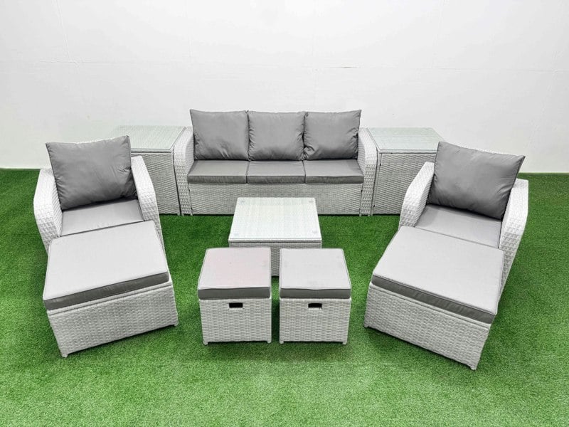 Fimous Outdoor Garden Furniture Set PE Rattan Lounge Sofa Set with Coffee Table 3 Seater Sofa 4 Footstools 2 Side Tables Light Grey