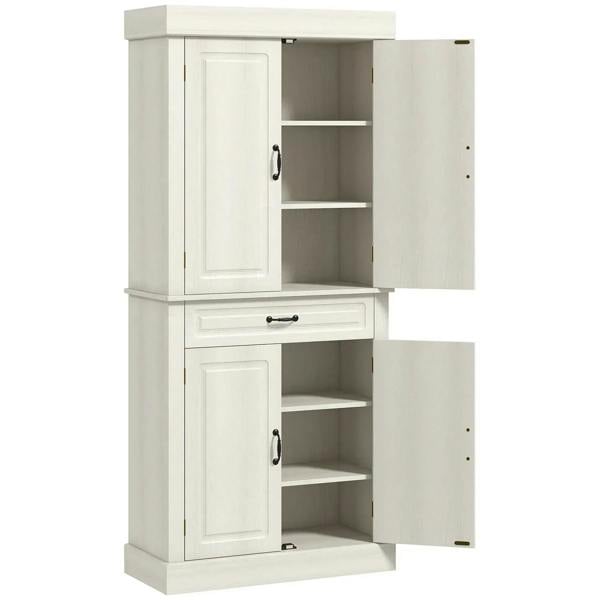 White tall kitchen cupboard with two swing doors, open shelves, and center drawer
