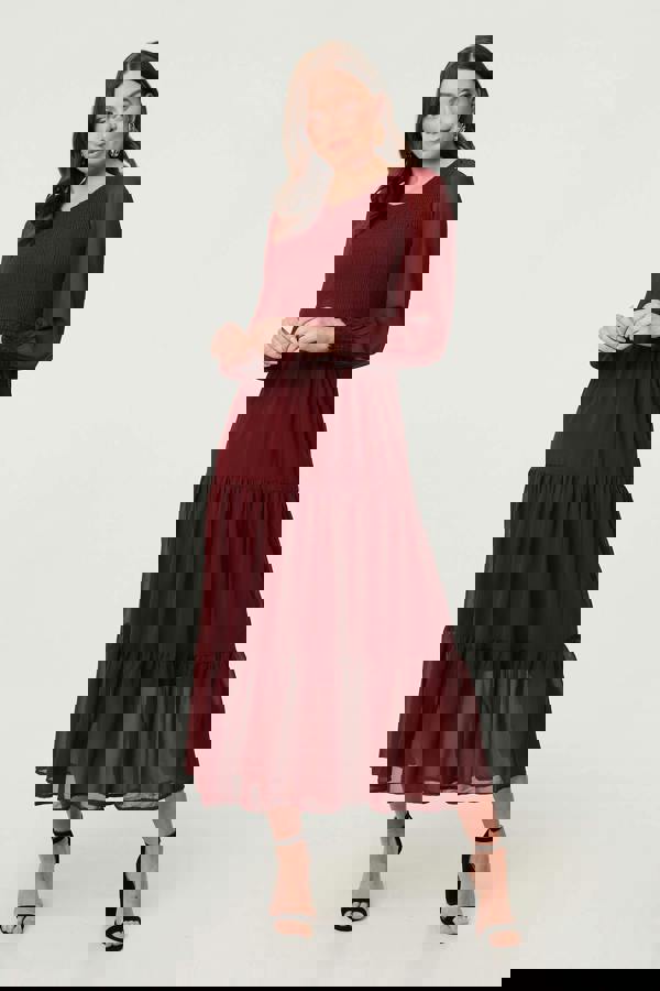 Red | Semi Sheer Layered Tiered Maxi Dress