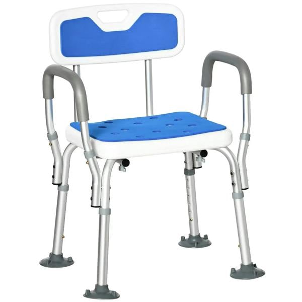 Height-adjustable shower chair with blue padded seat, backrest, and armrests