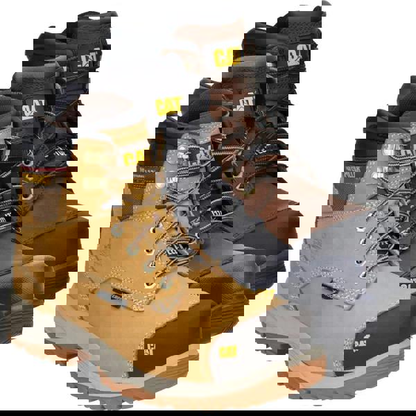 Caterpillar Spiro Mens Steel Toe/Midsole S3 Work Safety Boots, set of three rugged work safety boots in tan, black, and brown with steel toe caps and sturdy soles.