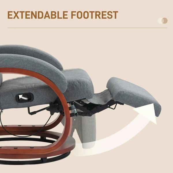 Grey recliner chair with extendable footrest, showing the lift-out footrest position