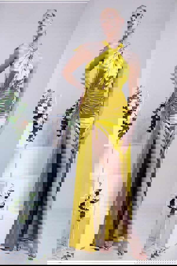 Halter Neck Front Split Satin Maxi Dress - Lime Green DR4398