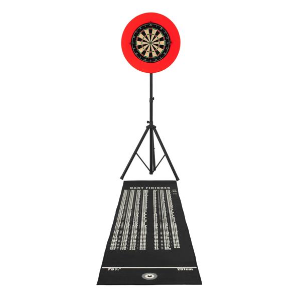Dart board set featuring a vibrant red surround, a traditional circular board, and a durable black throw mat with scoring lines