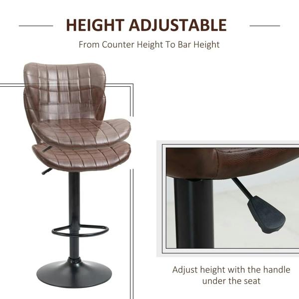 Height-adjustable brown PU leather bar stool with backrest and under-seat height handle