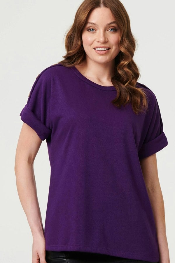 Purple | Button Trim Short Sleeve Relaxed Top