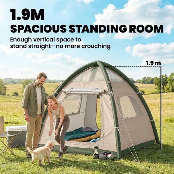 Inflatable Camping Tent with Rainfly, 2-3 Man Air Tent 3000mm Waterproof Blow Up Tents, Beige