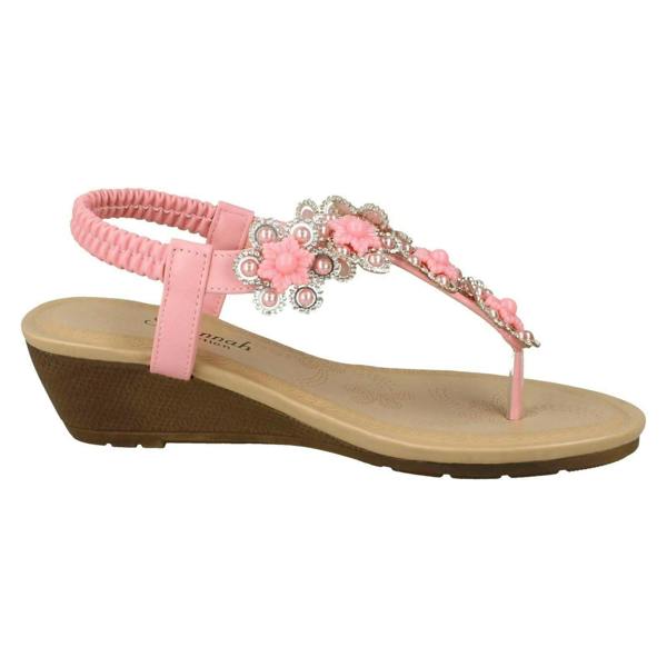 Savannah Ladies Savannah Mid Wedge Toepost Flower Trim Sandals